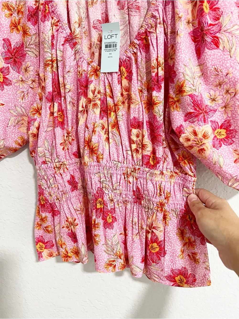 NWT!  LOFT Pink Floral Smocked Peplum Top Puff Sleeves Medium Cottage Boho